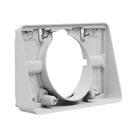 Weißes, rechteckiges Kunststoffgehäuse mit kreisförmiger Aussparung. Schrauben und Halterungen sind sichtbar.