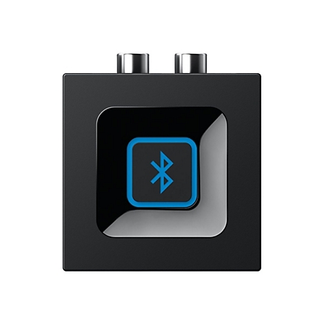 Schwarzer Bluetooth-Empfänger in quadratischer Form mit einer zentralen, blau beleuchteten Bluetooth-Taste.