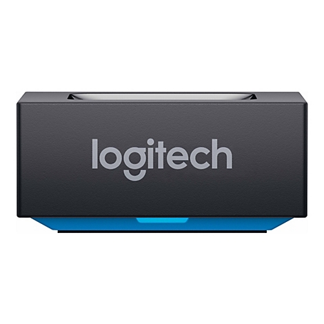 Schwarze Logitech-Basisstation mit Logo und blauem Akzentstreifen vor weißem Hintergrund.