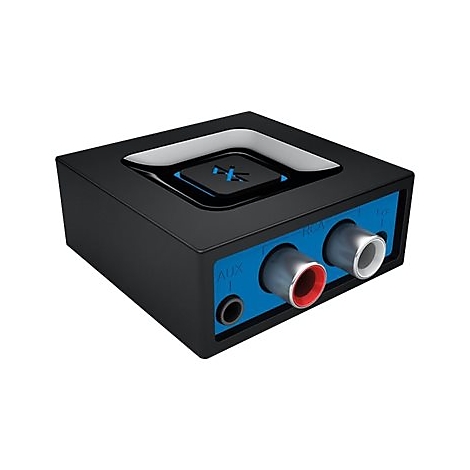 Schwarzer Bluetooth-Empfänger mit AUX- und RCA-Anschlüssen vor weißem Hintergrund.