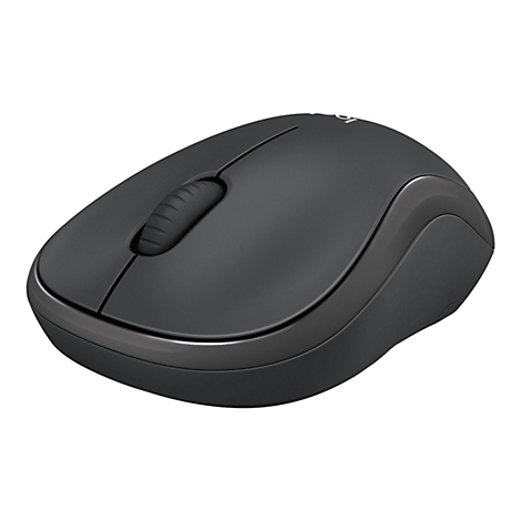 Souris Logitech noire avec molette de défilement et logo sur fond blanc.