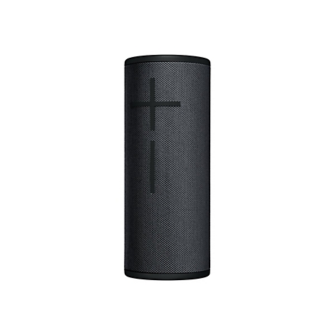 Zylindrischer, schwarzer Lautsprecher mit Gittermuster und Kreuz auf der Vorderseite.