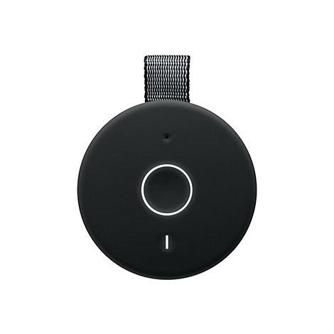 Draufsicht auf einen schwarzen, runden Lautsprecher mit weißem Kreis und Strich. Oben schwarzes und weißes Band.