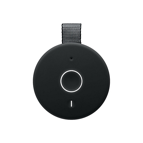 Draufsicht auf einen schwarzen, runden Lautsprecher mit weißem Kreis und einem Band.