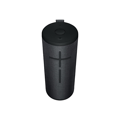 Zylindrischer, schwarzer Lautsprecher mit Logo und Bedienfeld oben.