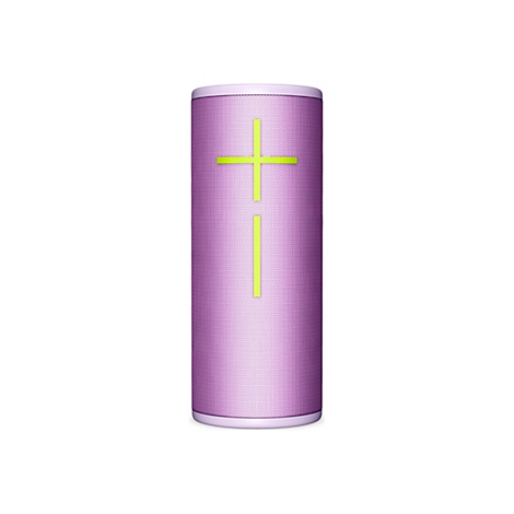 Haut-parleur Bluetooth cylindrique violet avec un signe plus jaune.