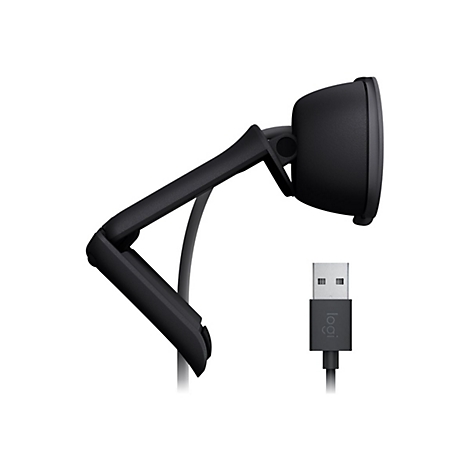 Webcam noire avec prise USB. Mécanisme de configuration et caméra visibles.