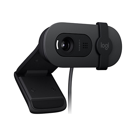 Webcam noire avec logo. Inscription 1080p, Logi.