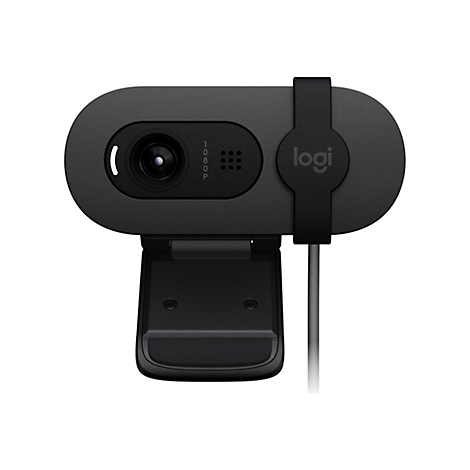 Schwarze Webcam mit Logitech-Logo, 1080p-Schriftzug und Halterung.