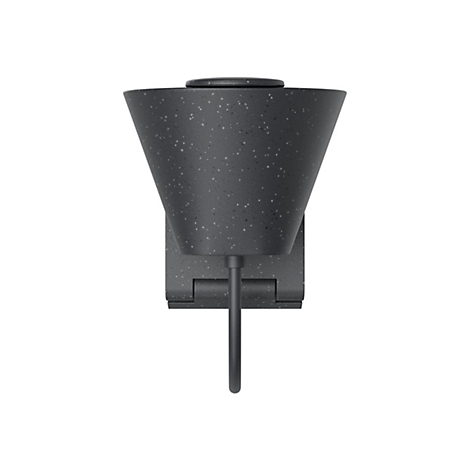 Applique murale gris foncé, abat-jour conique, avec des points blancs, sur un support. Une tige en bas.