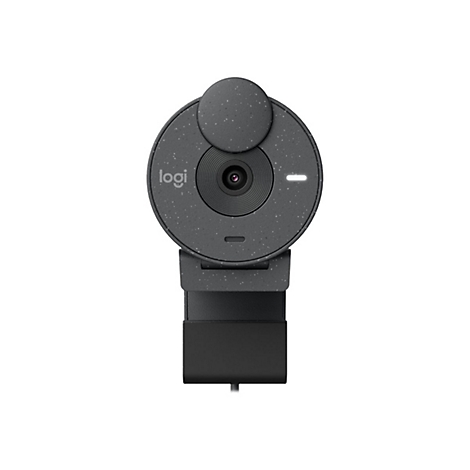 Graue Logitech Webcam. Rundes Design mit Kamera und LED-Anzeige. Der Name 'logi' ist auf der Front sichtbar.