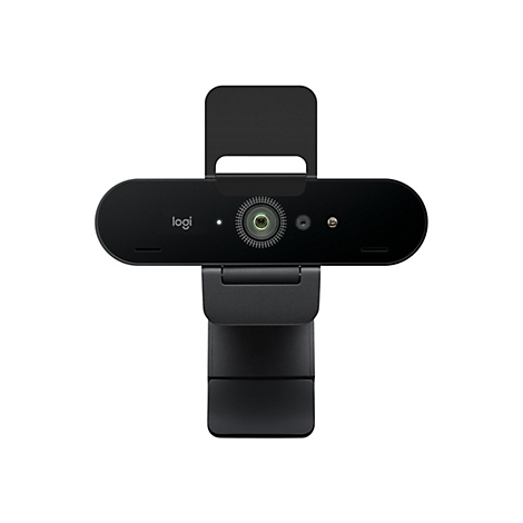 Schwarze Webcam, Logo: Logi. Oben Halterung. Unten Halterung zum Befestigen am Monitor.