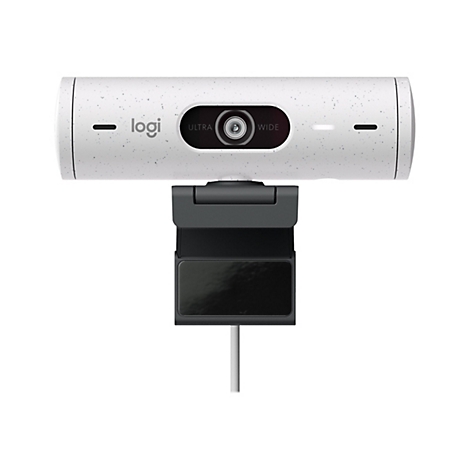 WeiÃŸe Webcam mit Logo, ULTRA WIDE-Schriftzug und Halterung.