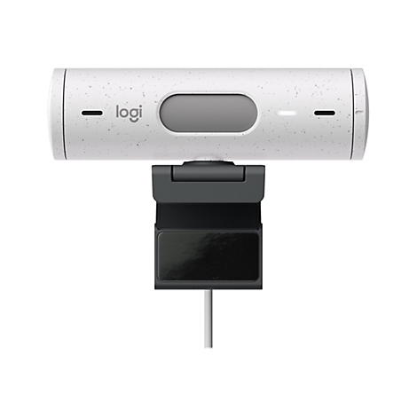 Webcam, weiÃŸ mit grauem Einsatz und Logoschriftzug 'logi'. Schwarzer Halter und Kabel.