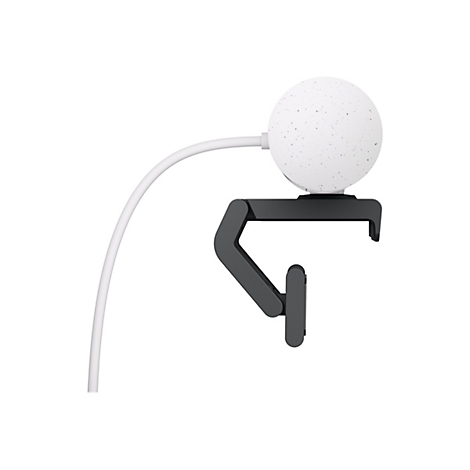 Webcam mit Kugelform, weiÃŸ mit grauen Sprenkeln, an grauer Halterung. WeiÃŸes Kabel.
