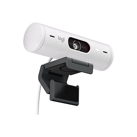Eine weiÃŸe Webcam mit Halterung. Das Objektiv ist in einem lÃ¤nglichen GehÃ¤use untergebracht, auf dem logi steht.