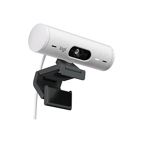 WeiÃŸe Logitech Webcam mit schwarzer Halterung. Aufschrift 'logi'.