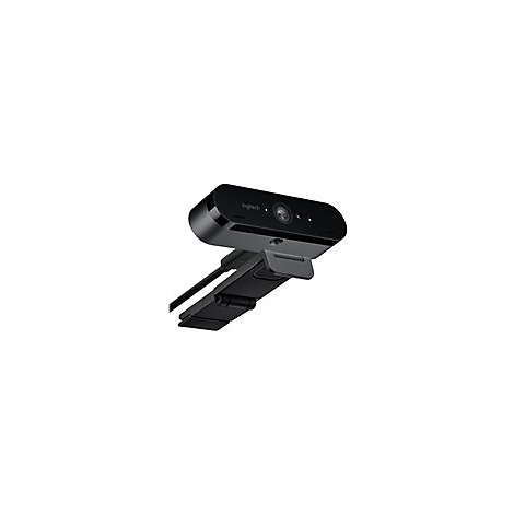 Schwarze Logitech Webcam mit integriertem Mikrofon. Auf einem Clip fÃ¼r die Befestigung an einem Bildschirm oder Laptop.