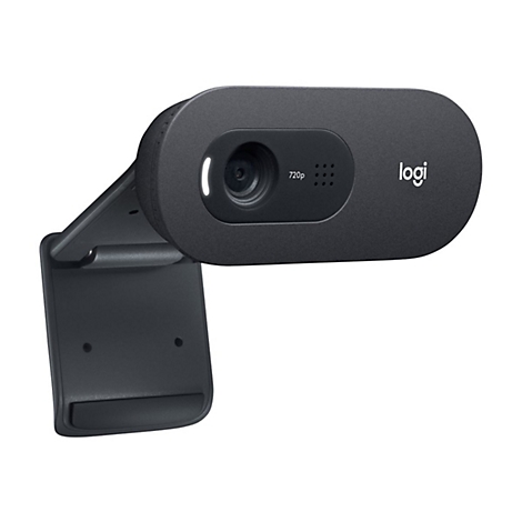 Schwarze Logitech Webcam mit integrierter Halterung und Logo.