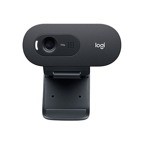 Schwarze Webcam mit ovalem GehÃ¤use und Logi-Logo. 720p-Anzeige, Befestigung fÃ¼r Monitor.