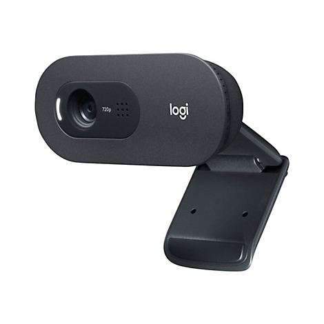 Schwarze Webcam mit dem Logo Logi, mit Halterung.