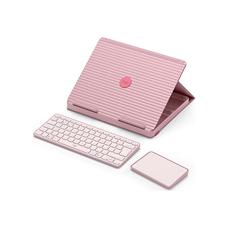 Hellrosa Logitech-Tablet-Zubehör: Tastatur, Trackpad und Tablet-Hülle, alles auf weißem Grund.