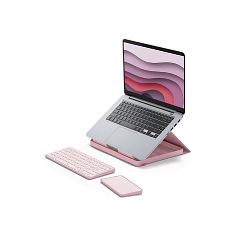 Hellgraues Laptop mit pinkfarbener Halterung, Tastatur und Maus auf weißem Grund. Auf dem Bildschirm sind Wellen in Pink und Rot zu sehen.