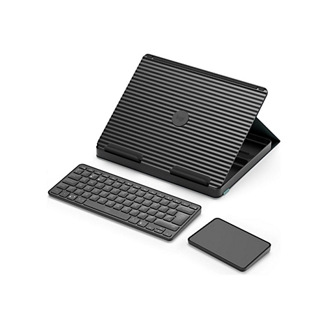 Schwarzes Tablet-Zubehör-Set: Ständer, Tastatur und Touchpad auf weißem Hintergrund.
