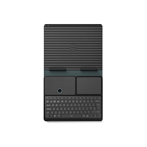 Draufsicht auf ein Tablet mit Tastatur. Das Cover ist dunkelgrau mit horizontalen Streifen, das Tablet ist grau mit Tastatur und Touchpad.