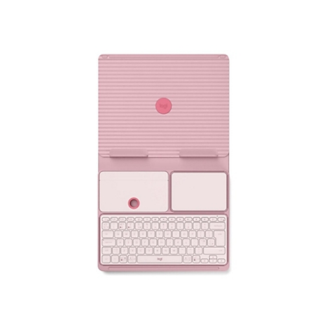 Hellrosa Tastatur und Tablet-Halterung mit Logo. Obere Hälfte geriffelt, untere Hälfte mit Tastenfeld, Touchpad.