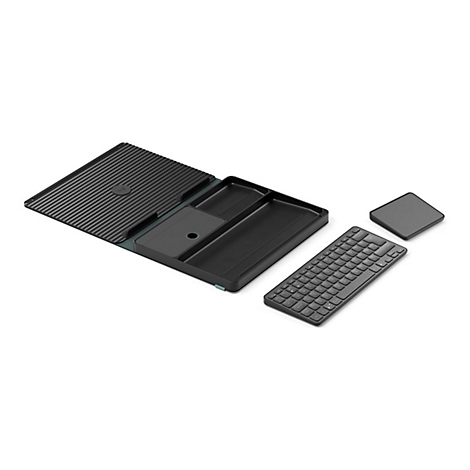 Schwarzes Laptop-Zubehör-Set auf weißem Grund, inklusive Tastatur, Trackpad und Ablage mit verschiedenen Fächern.