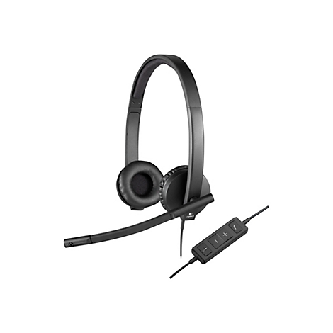 Casque Logitech noir avec microphone et commande filaire, sur fond blanc. Les écouteurs, le serre-tête et le microphone sont clairement visibles.