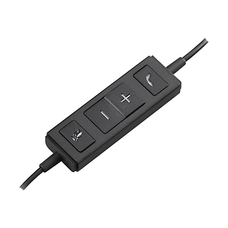 Télécommande noire avec symboles de microphone, de volume et d'appel.