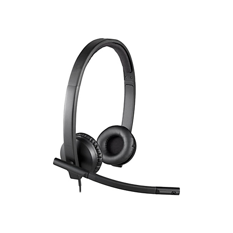 Casque noir avec serre-tête et microphone, sur fond blanc.