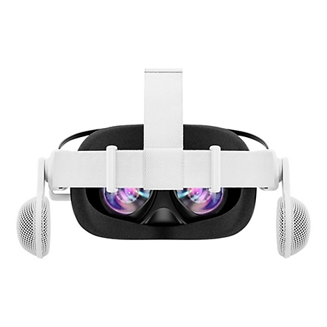 VR-Brille, schwarzes Gehäuse, weiße Kopfband und Ohrmuscheln.