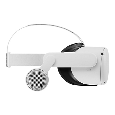 Nahaufnahme einer weißen VR-Brille mit schwarzen Polstern und Lautsprecher. Das Stirnband ist oben mit einem weißen Stoff befestigt.