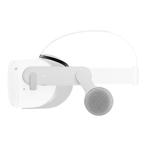 Hellgraues VR-Headset im Profil. Logo "logi" sichtbar.