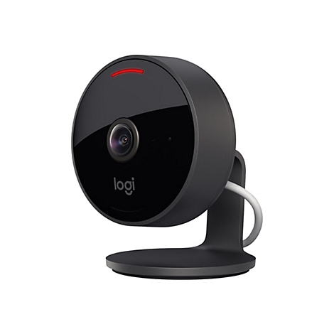 Eine schwarze Logitech-Webcam mit einem runden Kopf und StandfuÃŸ. Ein rotes Licht ist am oberen Rand zu sehen, das Logo ist unten.