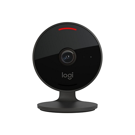 Schwarze Webcam mit roter LED-Leiste und Logo logi.