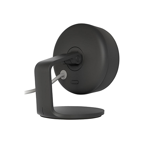 Dunkle Sicherheitskamera mit rundem Kopf, Halterung und Sockel, grau-weiÃŸes Kabel.