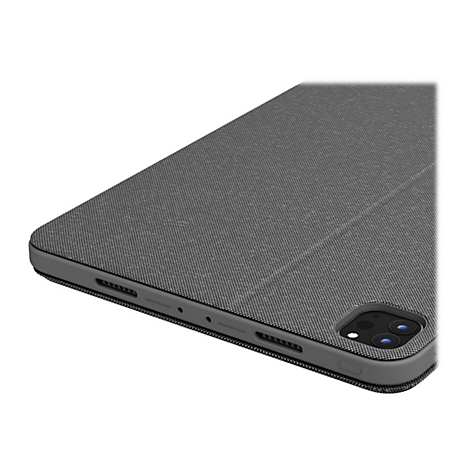 Graues iPad mit einer StoffhÃ¼lle, Blick auf die Ecke mit LautsprecherÃ¶ffnungen und Kameras.