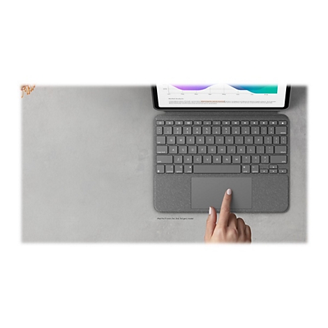 Draufsicht auf graues Tablet mit Tastatur. Ein Finger berÃ¼hrt das Touchpad. Diagramm auf dem Bildschirm.