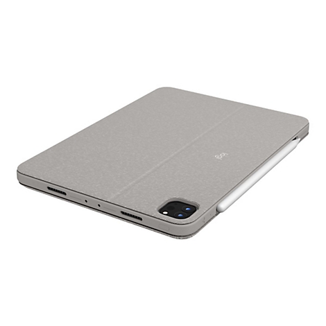 Hellgraues iPad-Case mit Stift. Der Stift ist seitlich angesteckt. Logo auf dem Case.