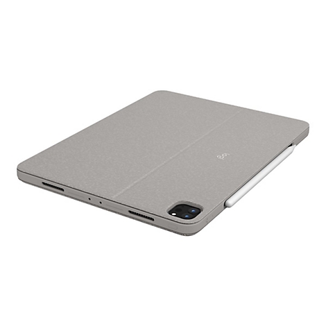 Graue iPad-Hülle mit Stift. Das Logitech-Logo ist sichtbar.