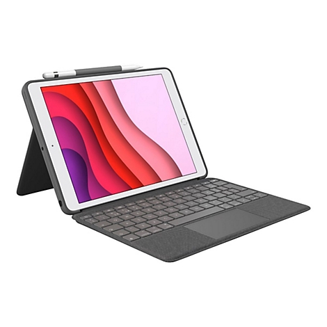 Ein graues Tablet mit angebrachter Tastatur und Stift. Der Bildschirm zeigt abstrakte, farbige Formen.