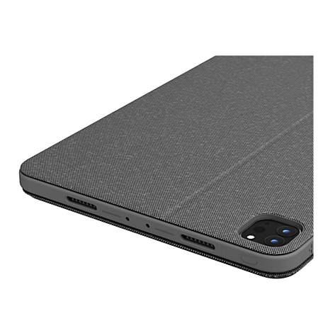Graue Tablet-Hülle mit strukturiertem Stoffbezug. Detailansicht der Kanten mit Lautsprecher und Kamera.