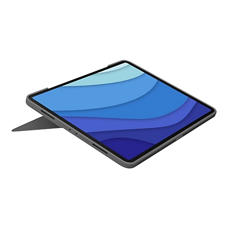 Dunkelgraues Tablet mit Schutzhülle, das Display zeigt blaue Wellen. Die Hülle dient als Ständer.
