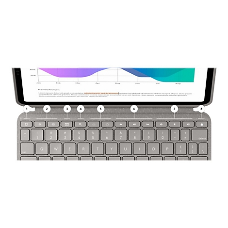 Graue Tastatur mit Tablet, auf dem ein Diagramm angezeigt wird.