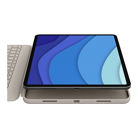 Ein Tablet mit Tastatur, die Tastatur ist beige, das Tablet zeigt einen blauen Hintergrund an.