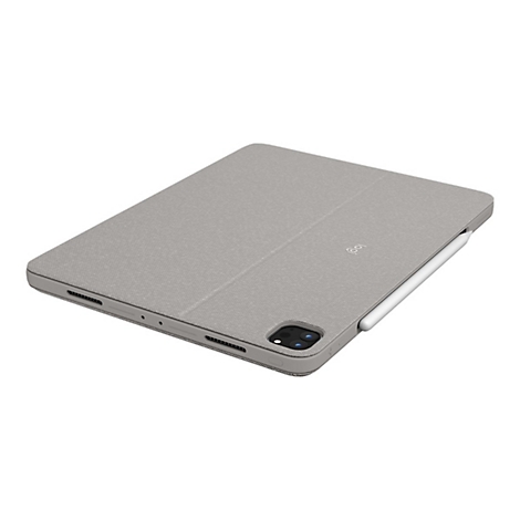 Graues iPad-Case mit Stift. Es liegt auf weißem Hintergrund.